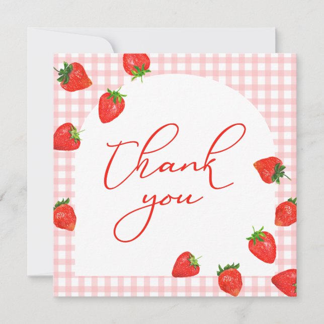Strawberry Pink Plaid Berry Thank You Card (Front)
