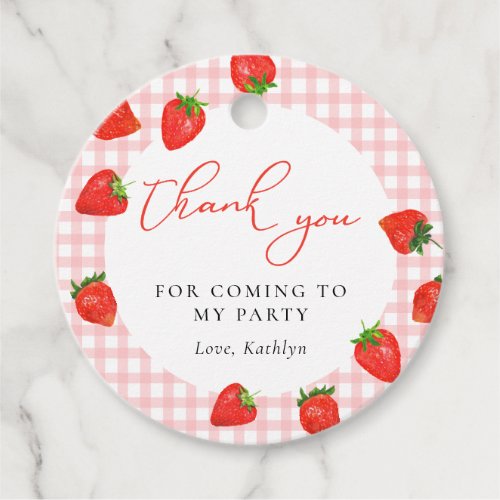 Strawberry Pink Plaid Gingham Birthday Thank You Favor Tags
