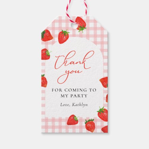 Strawberry Pink Plaid Gingham Birthday Thank You Gift Tags