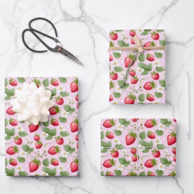 Strawberry Pink Red Baby Shower Birthday  Wrapping Paper Sheets (Front)