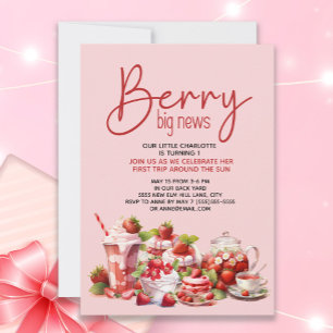 Strawberry Pink Red Berry 1st Birthday Invitation