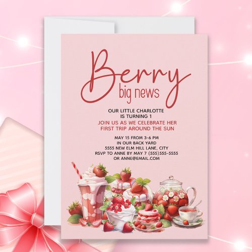 Strawberry Pink Red Berry 1st Birthday Invitation