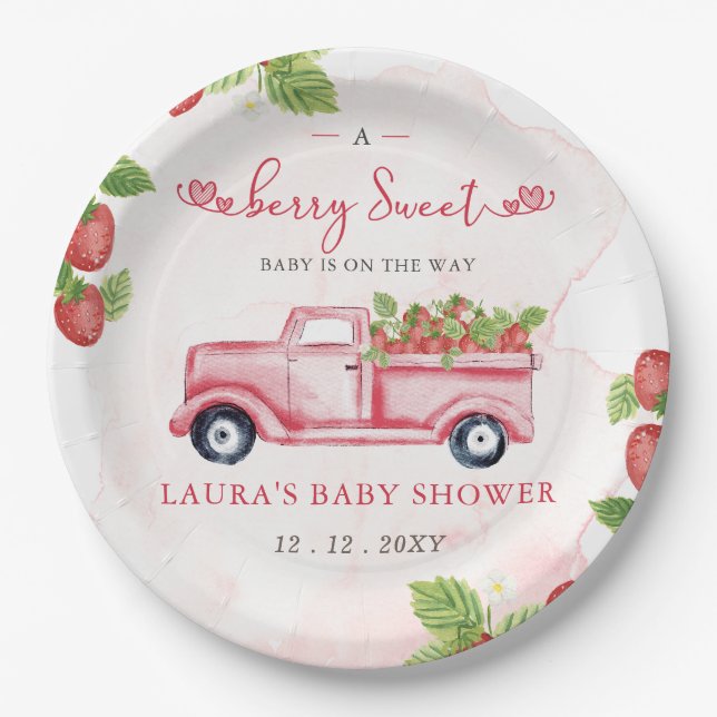 Strawberry Pink Red Berry Sweet Baby Shower Paper Plates (Front)