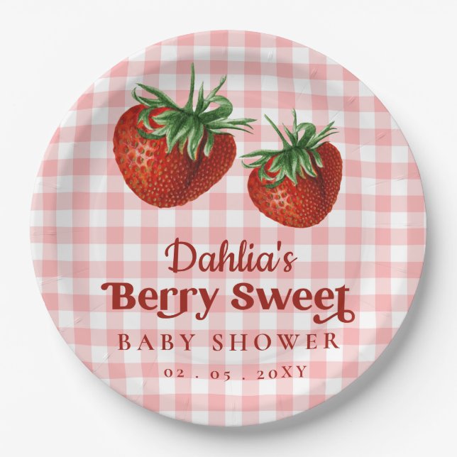 Strawberry Pink Red Berry Sweet Baby Shower Paper Plates (Front)