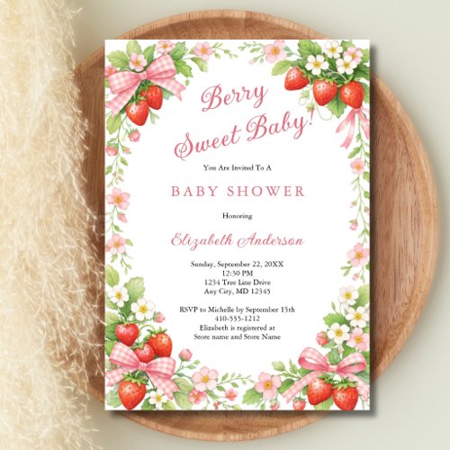 Strawberry Pink Red Gingham Bows Girl Baby Shower  Invitation