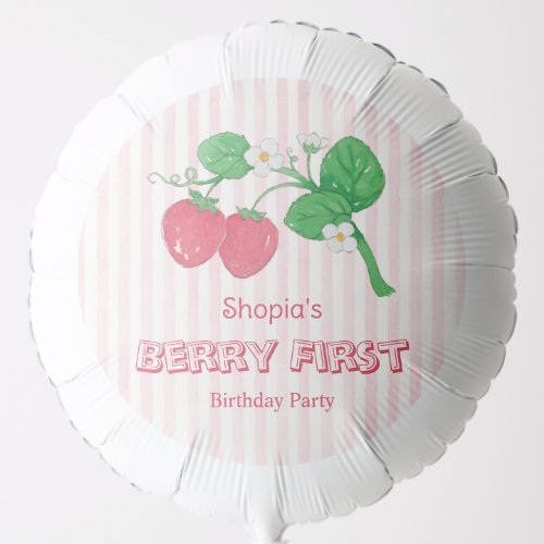 Strawberry Pink Stripes Girl Berry First Birthday Balloon