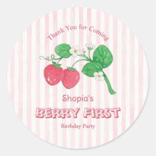 Strawberry Pink Stripes Girl Berry First Birthday Classic Round Sticker