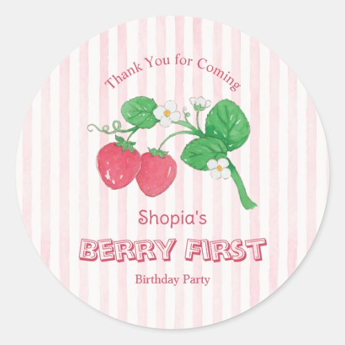 Strawberry Pink Stripes Girl Berry First Birthday Classic Round Sticker