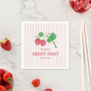 Strawberry Pink Stripes Girl Berry First Birthday Napkins