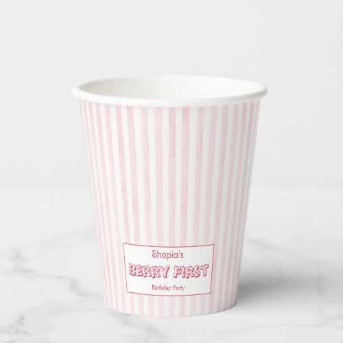Strawberry Pink Stripes Girl Berry First Birthday Paper Cups