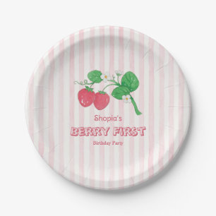 Strawberry Pink Stripes Girl Berry First Birthday Paper Plates