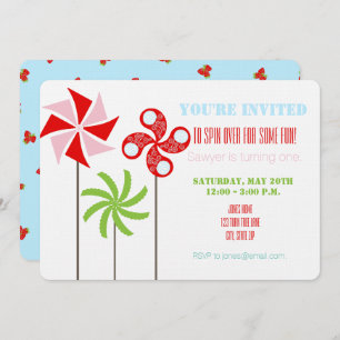 Strawberry Pinwheel Themed Birthday - Blue Back Invitation