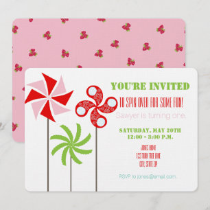 Strawberry Pinwheel Themed Birthday - Pink Back Invitation