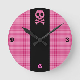 Strawberry Plaid Skull Round Clock