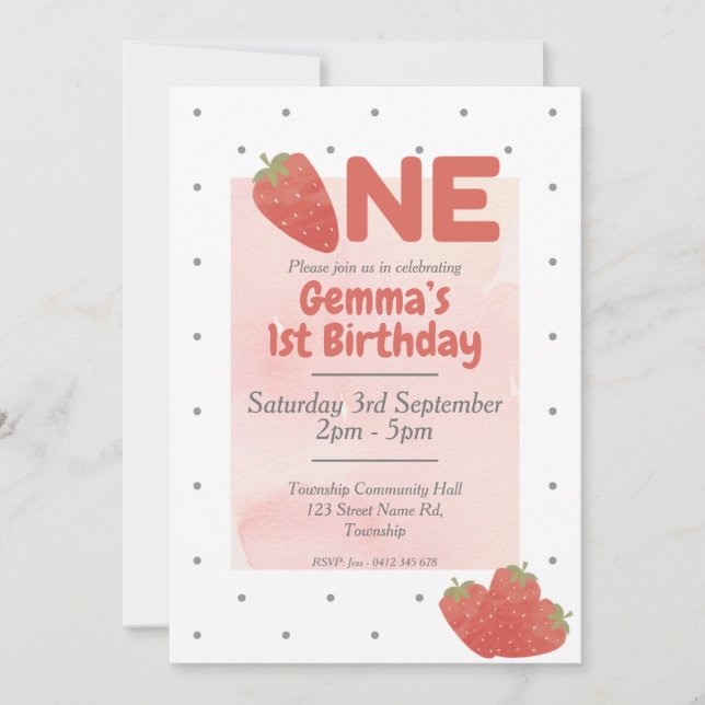 Strawberry Polka Dot ONE 1st birthday  Invitation (Front)