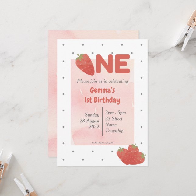 Strawberry Polka Dot ONE Invitation (Front/Back In Situ)