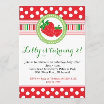 Strawberry Polka Dot Party Invitation by modernmaryella at Zazzle