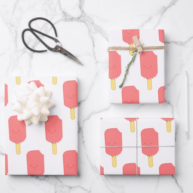 Strawberry Popsicle Cute Cartoon Drawing Wrapping Paper Sheets (Front)