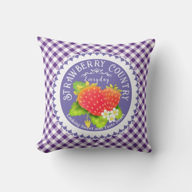 Strawberry Purple Gingham Throw Pillow (Front)