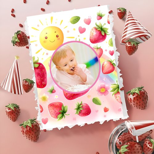 strawberry rainbow berry first 1st birthday invitation