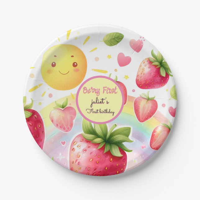 strawberry rainbow berry first 1st birthday paper plates (Front)