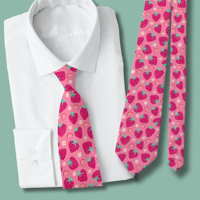 Strawberry Rainbow Daisy pattern Neck Tie (Strawberry daisy rainbow summer tie)