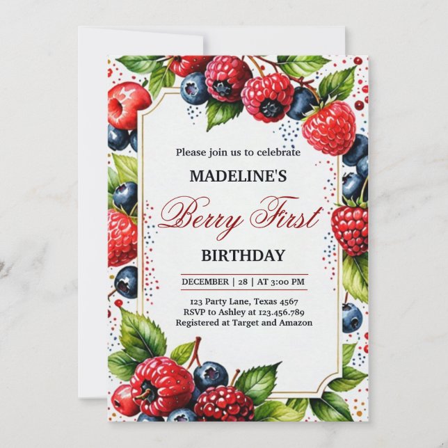 Strawberry Raspberry Berry First 1st Birthday Part Invitation (Front)