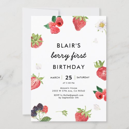 Strawberry Raspberry First Girl 1st Birthday  Invitation