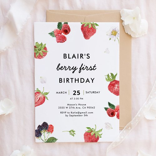 Strawberry Raspberry First Girl 1st Birthday  Invitation
