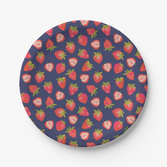 Strawberry red and blue summer party paper plates (Front)
