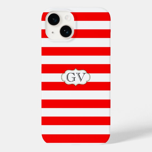 Strawberry Red and White Striped Initials Monogram Case-Mate iPhone Case (Back)