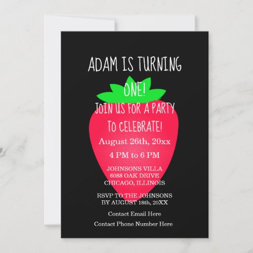 Strawberry Red Black Custom 1st Birthday Party  Invitation