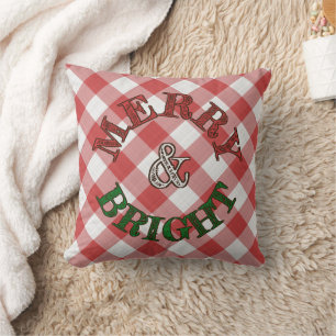 Strawberry Red Country Cottage Gingham Stripes Throw Pillow