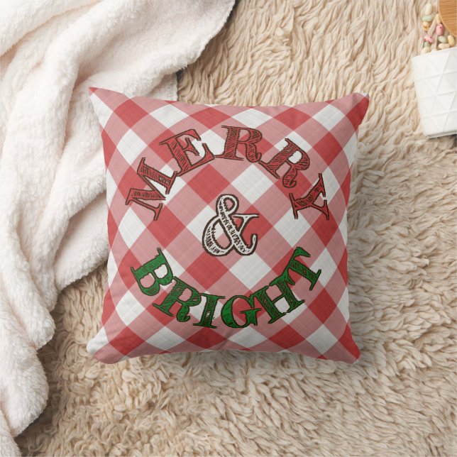 Strawberry Red Country Cottage Gingham Stripes Throw Pillow (Blanket)