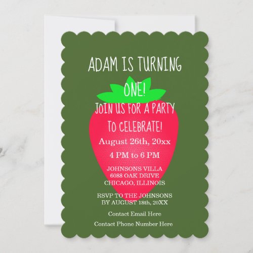 Strawberry Red Green Custom 1st Birthday Party  Invitation