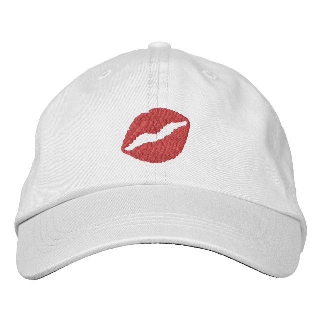 Strawberry Red Lipstick Print Kiss Embroidered Baseball Hat (Front)