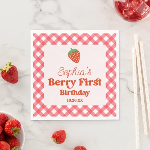 Strawberry Red Pink Berry First 1st Birthday Party Napkins