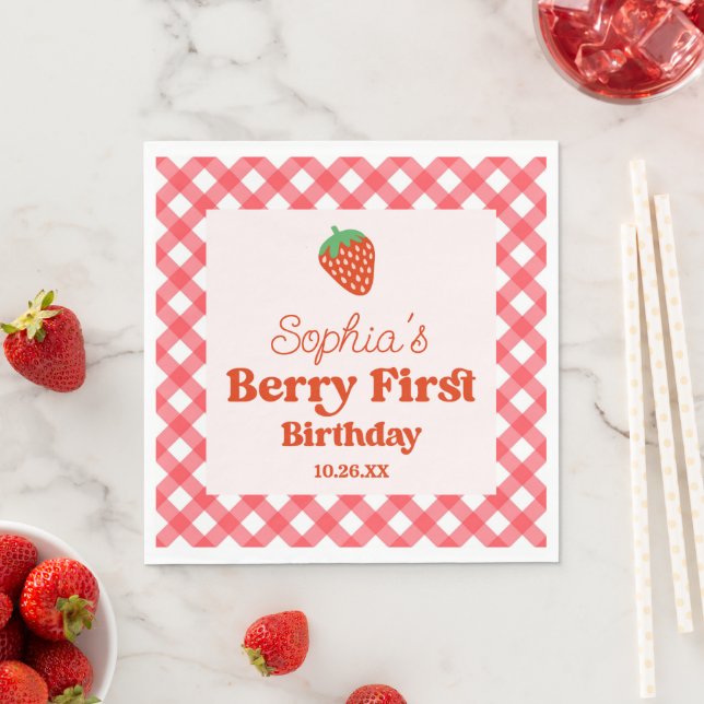 Strawberry Red Pink Berry First 1st Birthday Party Napkins (Insitu)