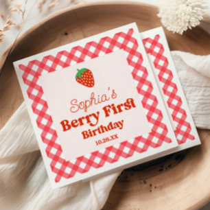 Strawberry Red Pink Berry First 1st Birthday Party Napkins