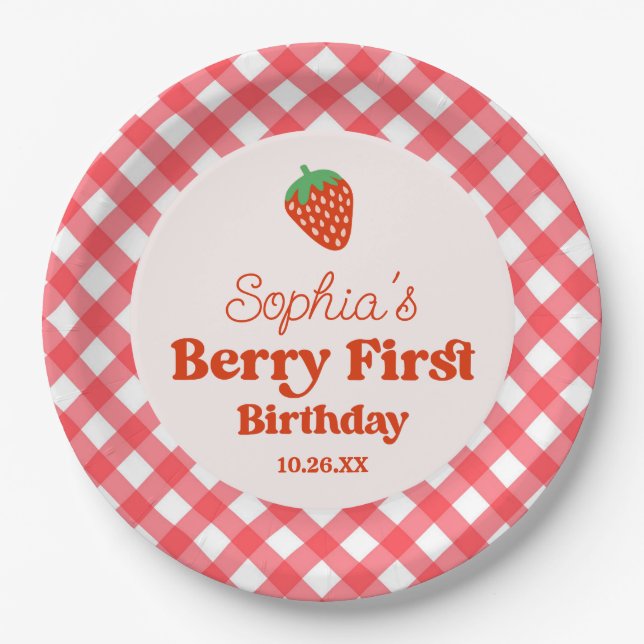 Strawberry Red Pink Berry First 1st Birthday Party Paper Plates (Front)
