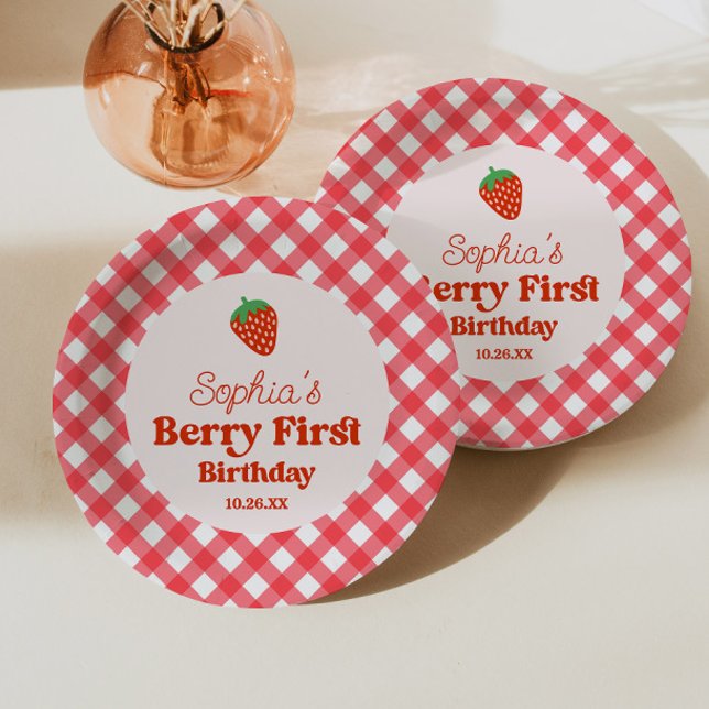 Strawberry Red Pink Berry First 1st Birthday Party Paper Plates (Creator Uploaded)