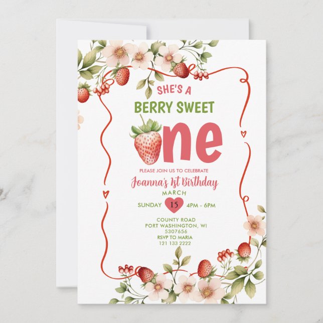 Strawberry Red Sweet One Berry 1st Birthday  Invitation (Front)