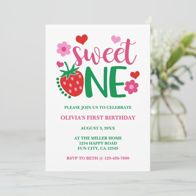 Strawberry Red Sweet One First Birthday Invitation (Standing Front)