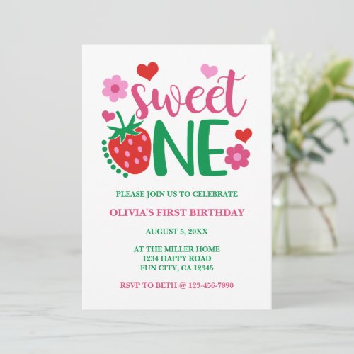 Strawberry Red Sweet One First Birthday Invitation