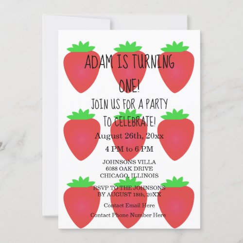 Strawberry Red White Custom 1st Birthday Party  Invitation