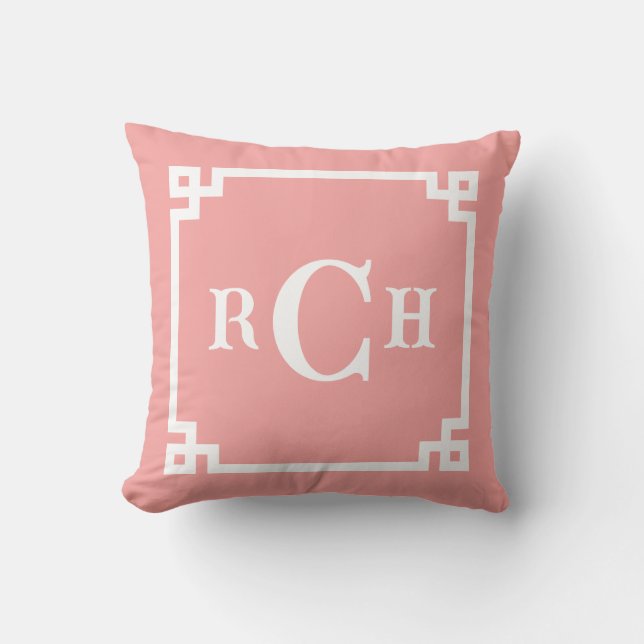 Strawberry Reverse Chinoiserie Greek Key Monogram Throw Pillow (Front)