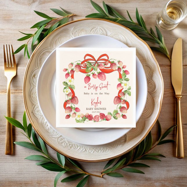 Strawberry ribbon bow coquette baby shower napkins (Strawberry red ribbon bow coquette berry sweet baby shower personalized printed napkins)