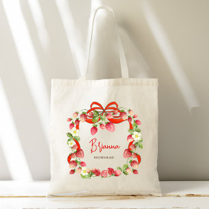 Strawberry ribbon coquette custom bridesmaid gifts tote bag