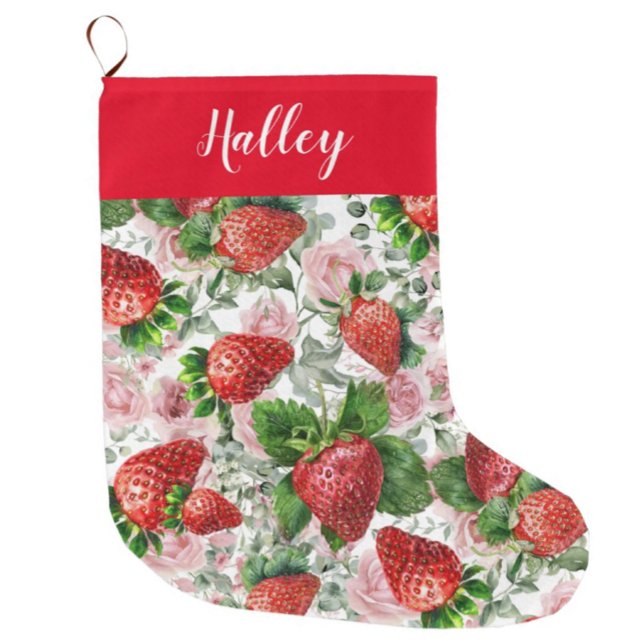 Strawberry Rose Floral Custom Name Large Christmas Stocking (Creator Uploaded)