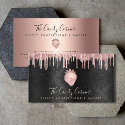 Strawberry Rose Gold Drips Confection Sweets Black Business Card